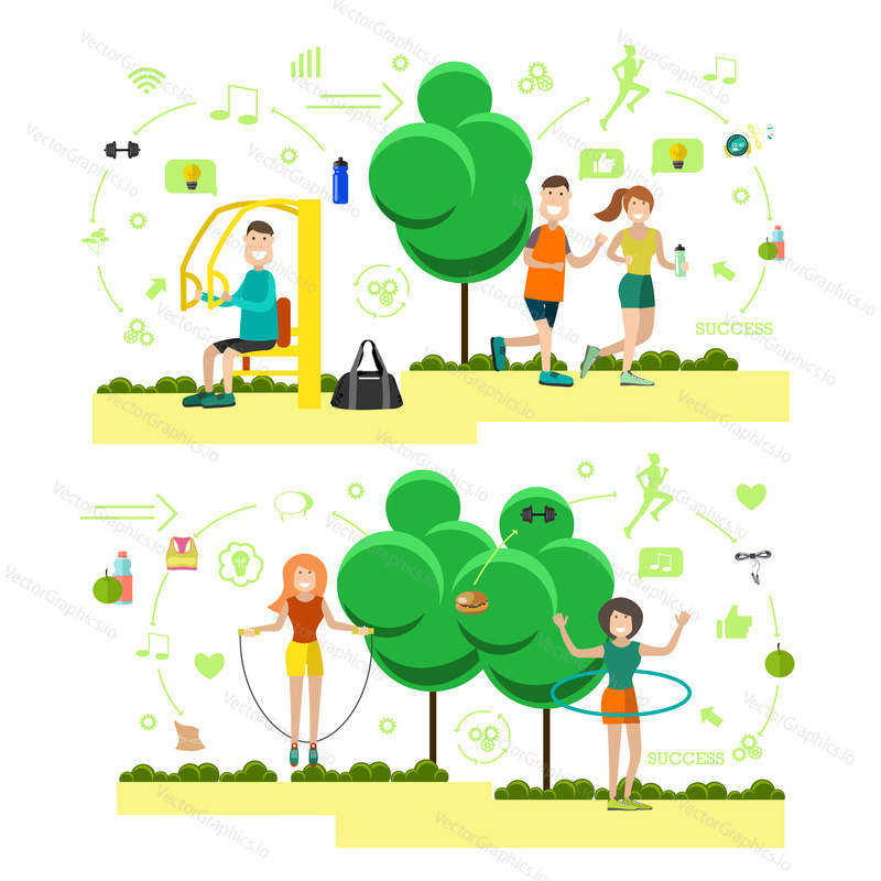 Vector illustration of sporty men and women jogging, exercising on training apparatus, doing hula hoop and jump rope exercises. Training outside people flat symbols, icons isolated on white background