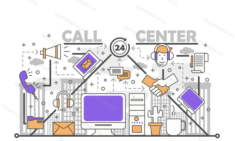 Call center concept vector illustration. Thin line flat style design element for web banners and printed materials.
