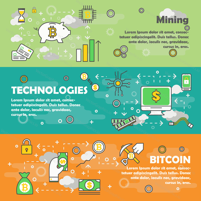 Bitcoin vector horizontal banner set. Mining, Technologies and Bitcoin concept modern thin line flat design elements, web templates.