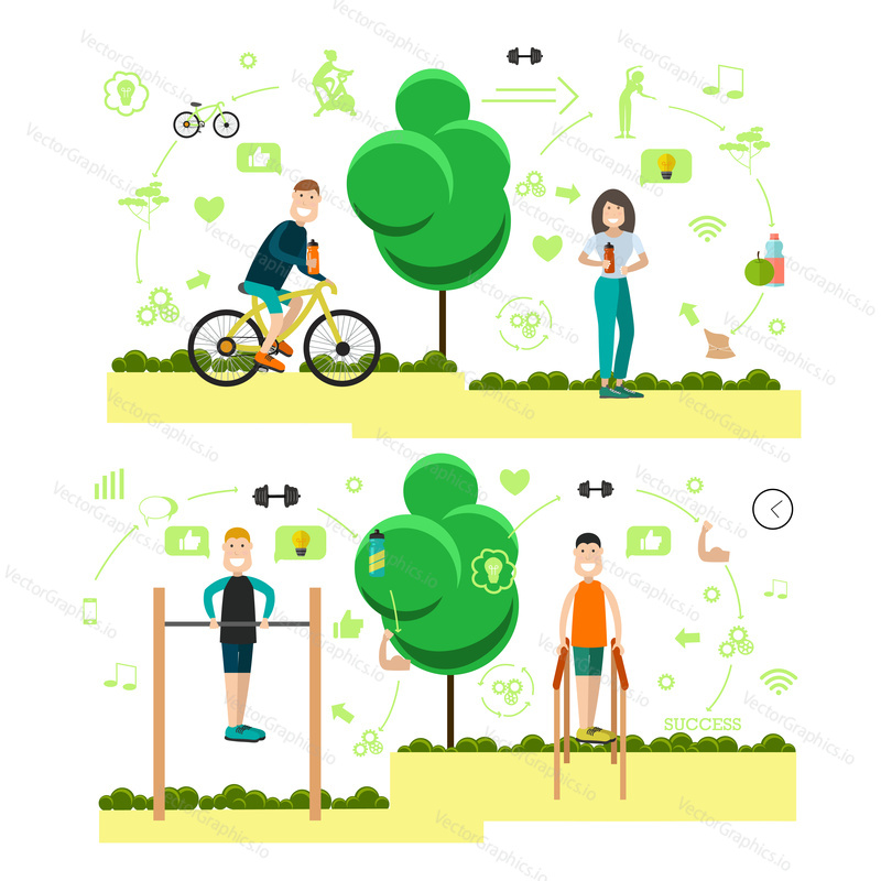 Vector illustration of sportsmen performing horizontal bar and parallel bars exercises, fitness girl, biker going cycling. Training outside people flat symbols, icons isolated on white background.