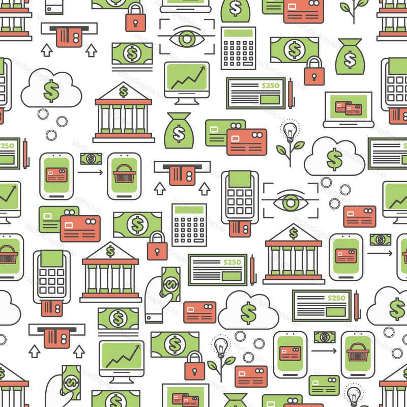 Vector seamless pattern with bank finance symbols, icons. Banking background, wrapping paper texture thin line art flat style design.