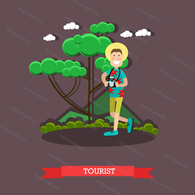 Vector illustration of tourist male traveling with camera. Flat style design.