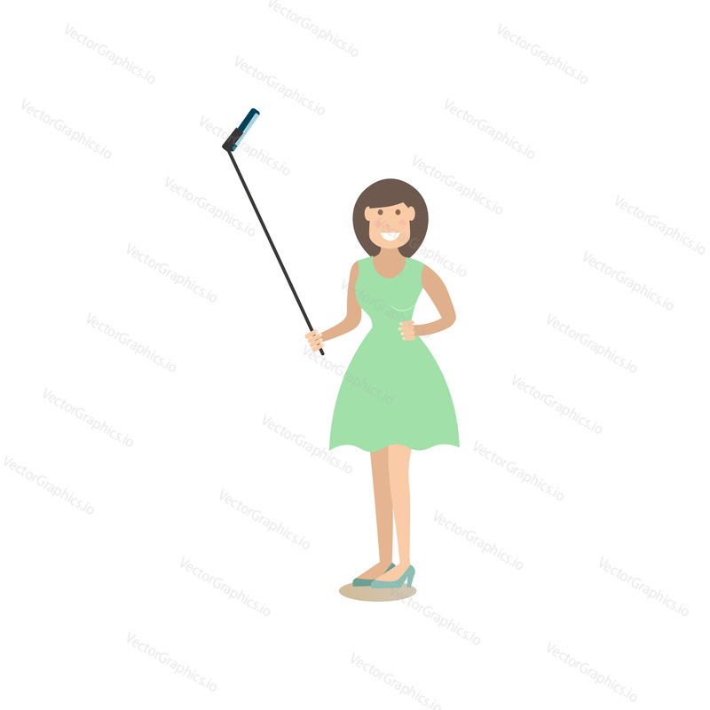 Vector illustration of traveler woman taking selfie with mobile and selfie stick monopod. Tourist people concept flat style design element, icon isolated on white background.