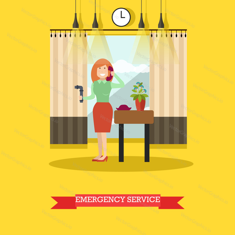Vector illustration of woman holding broken pipe and calling to emergency service. Flat style design.