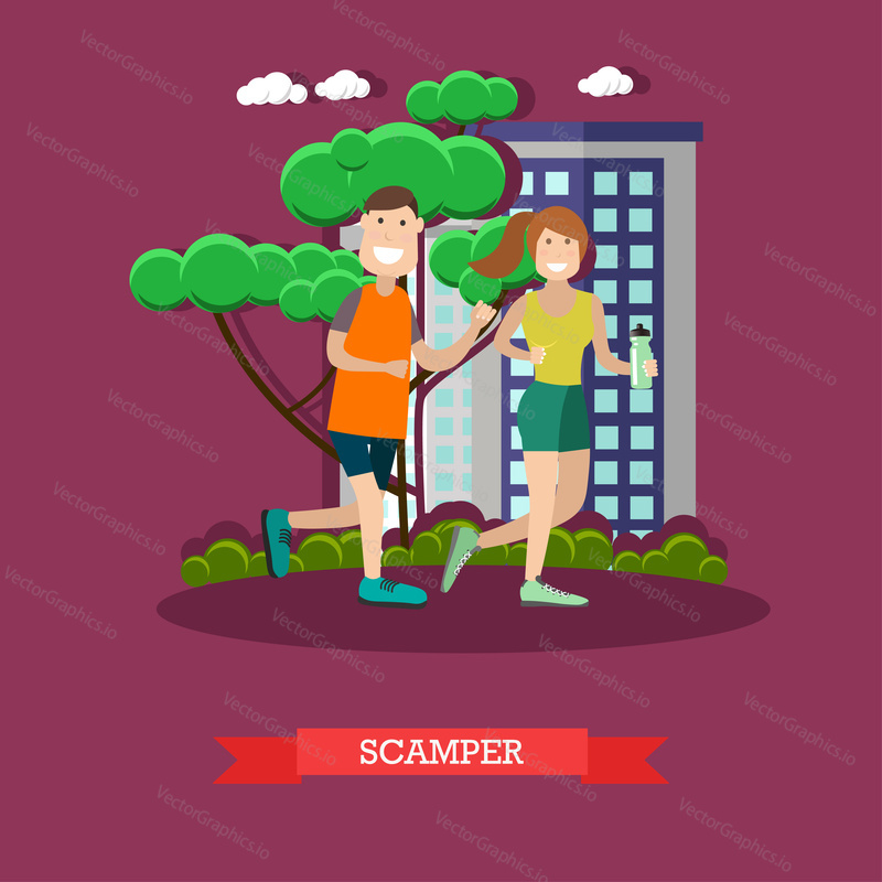 Vector illustration of young man and woman jogging in the park. Scamper concept flat style design element.