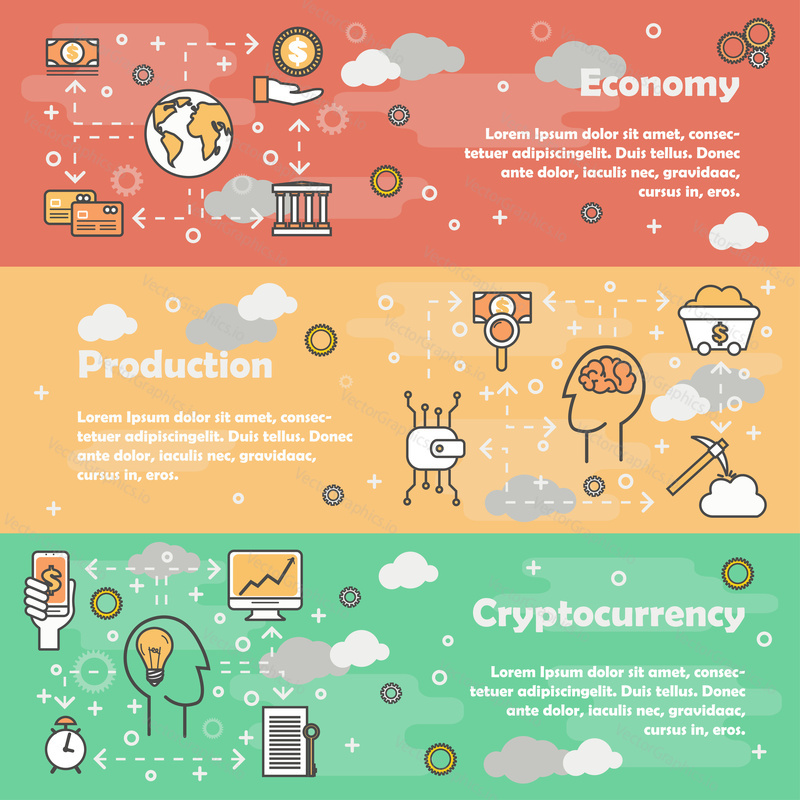 Vector set of horizontal banners with Economy, Production and Cryptocurrency line art flat style design elements, web templates.
