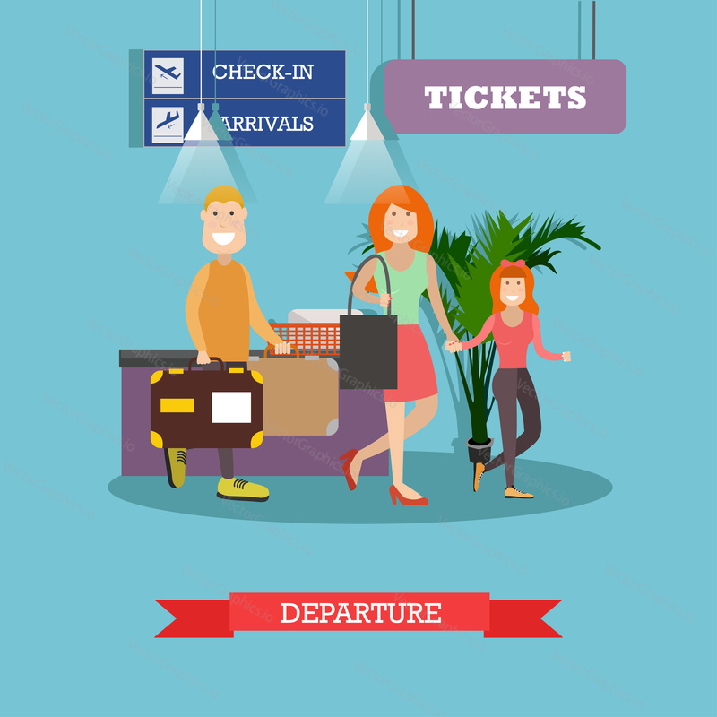 Vector illustration of travelling family father, mother and daughter at airport terminal. Departure concept flat style design element.