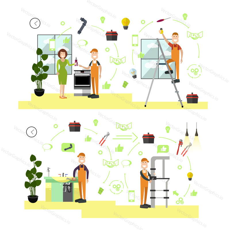 Vector illustration of electrician, gasman and plumbers fixing electrical, plumbing or gas appliances problems. Professional workers symbols, icons isolated on white background. Flat style design.