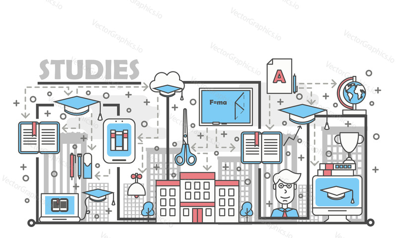 Studies concept vector illustration. Modern thin line art flat style design element with educational symbols, icons for website banners and printed materials.