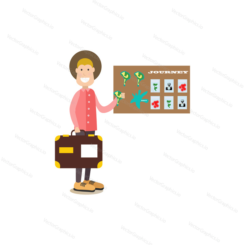 Vector illustration of tourist male buying souvenirs at gift shop. Tourist people concept flat style design element, icon isolated on white background.