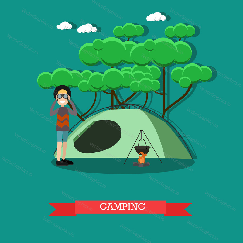 Vector illustration of tourist male standing next to tent and watching through binoculars. Camping concept design element in flat style.