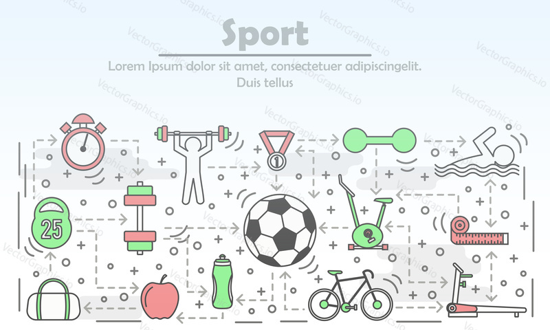 Sport advertising vector illustration. Modern thin line flat style design element with sports items, exercising equipment for website banners and printed materials.