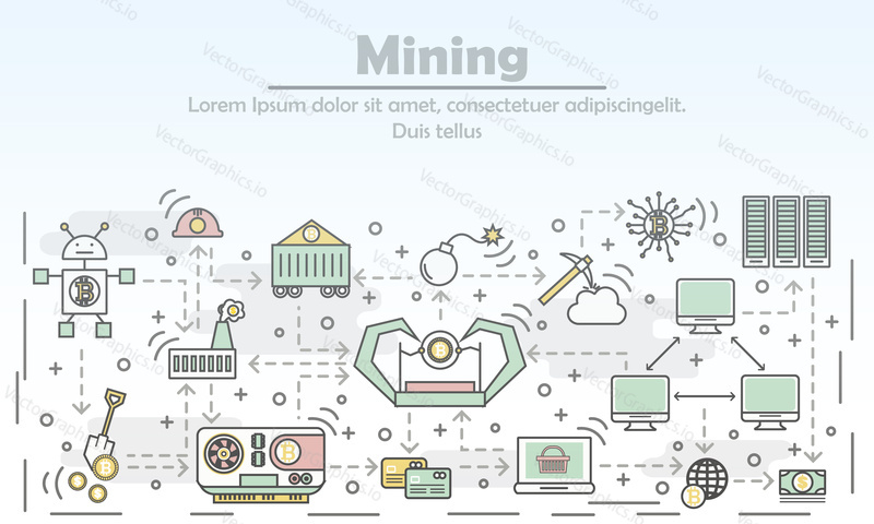 Bitcoin mining advertising vector illustration. Modern thin line art flat style design element with digital currency or cryptocurrency mining symbols, icons for website banners and printed materials.