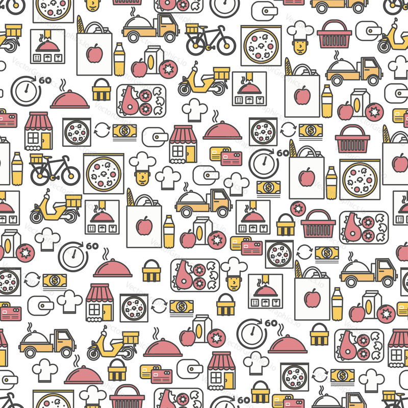 Vector seamless pattern with food delivery symbols, icons. Meal delivery service background, wrapping paper texture thin line art flat style design.