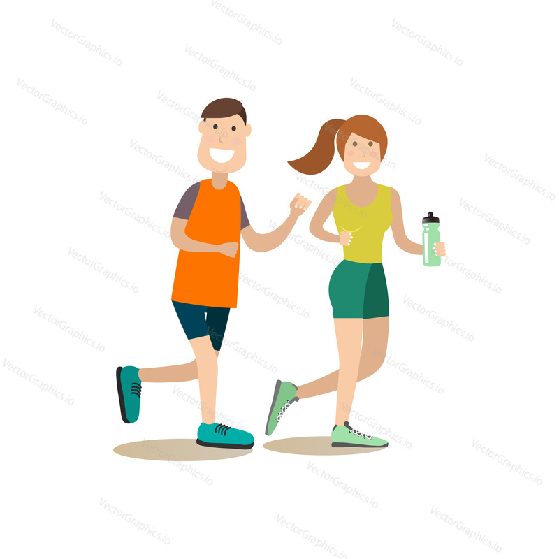 Vector illustration of young man and woman jogging. Training outside people concept flat style design element, icon isolated on white background.