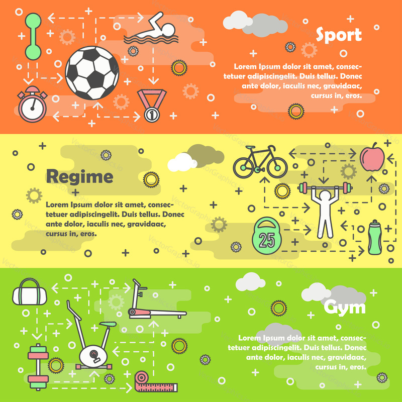 Vector set of horizontal banners with Sport, Regime and Gym modern line art flat style design elements, web templates.