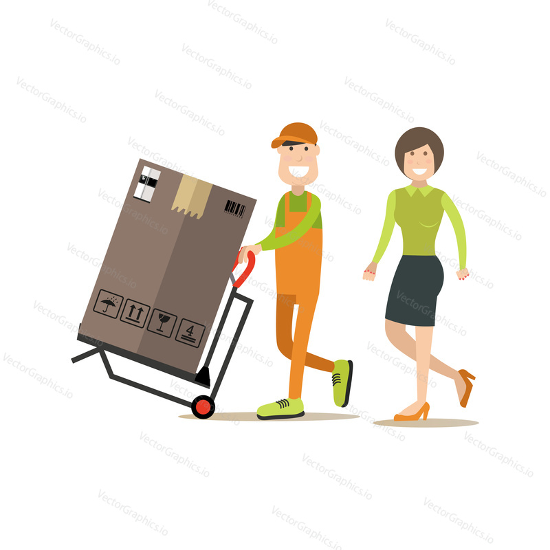 Vector illustration of loader pushing cart with fridge in carton box. Moving and delivery company services. Professional worker flat style design element, icon isolated on white background.