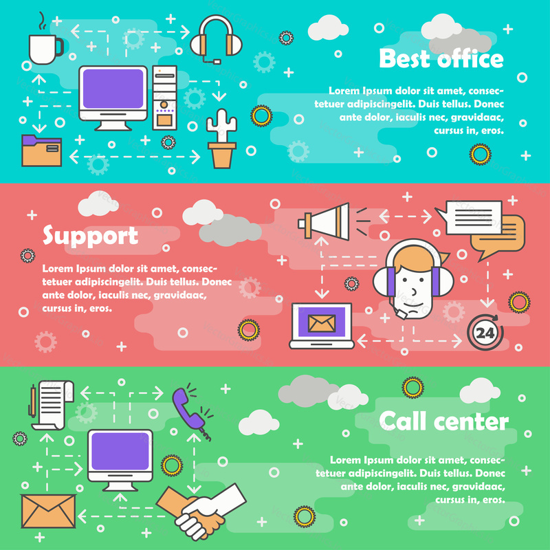 Vector set of horizontal banners with Best office, Support and Call center line art flat style design elements, web templates.