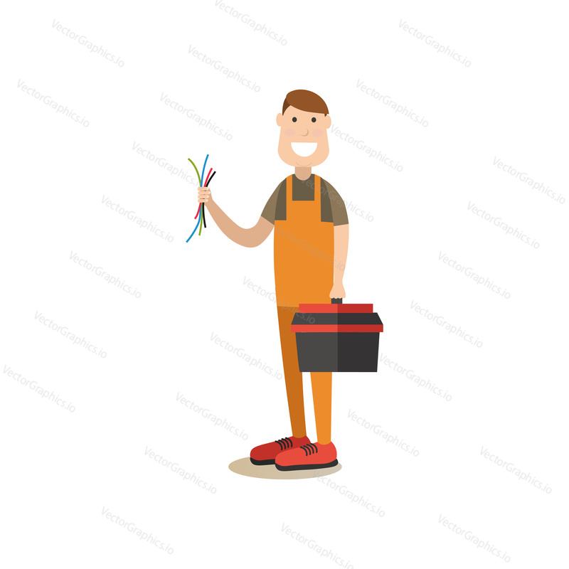 Vector illustration of worker with tool box and wires. Electronics repair concept. Professional worker flat style design element, icon isolated on white background.
