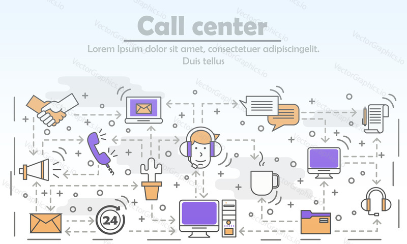 Call center concept vector illustration. Modern thin line art flat style design element for website banners and printed materials.