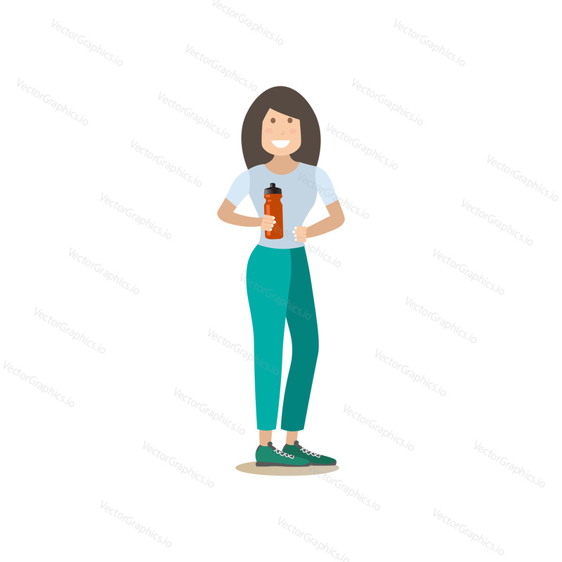 Vector illustration of happy smiling sporty girl with sports water bottle. Training outside people concept flat style design element, icon isolated on white background.