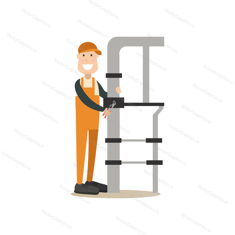 Vector illustration of plumber fixing leaking water pipes with pipe wrench. Professional worker flat style design element, icon isolated on white background.