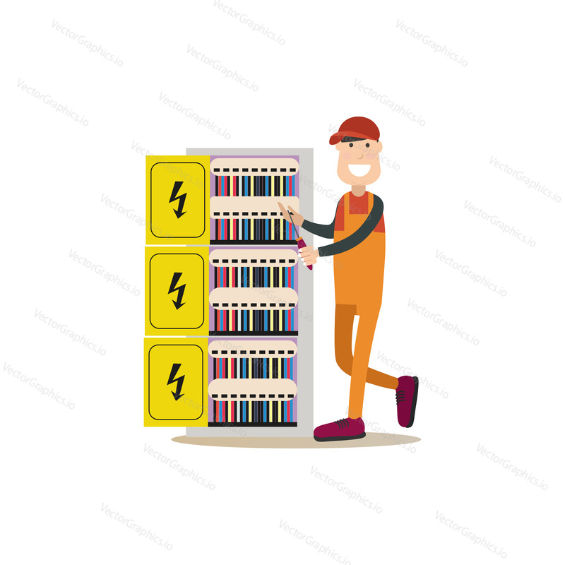 Vector illustration of electrician installing, maintaining or repairing electrical power, lighting system. Professional worker flat style design element, icon isolated on white background.