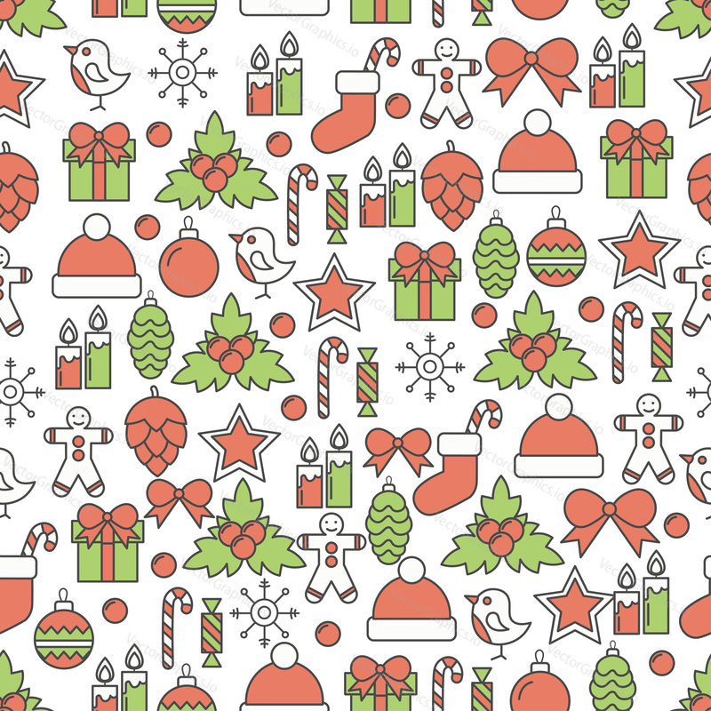 Holiday Christmas and New Year line seamless pattern. Vector illustration of wrapping paper in linear style design. Graphic icons with toys and gifts elements.