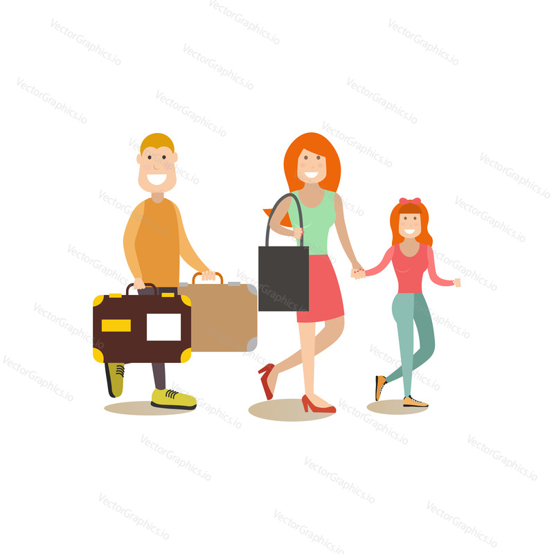 Vector illustration of travelling family father, mother and daughter. Tourist people concept flat style design element, icon isolated on white background.