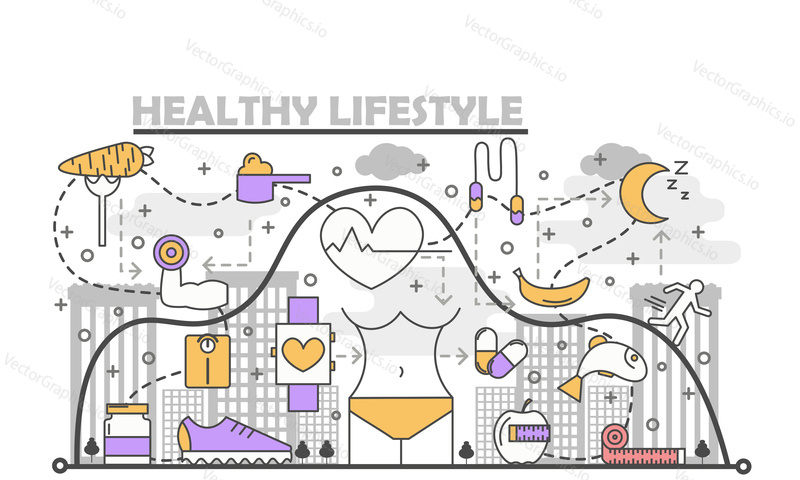 Healthy lifestyle concept vector illustration. Modern thin line flat design element with sport food, dieting, healthy eating symbols, icons for website banners, presentation and printed materials.