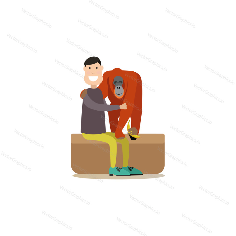 Vector illustration of tourist male embracing monkey at zoo. Tourist people concept flat style design element, icon isolated on white background.