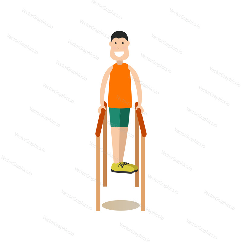 Vector illustration of young man performing parallel bars exercises. Training outside people concept flat style design element, icon isolated on white background.