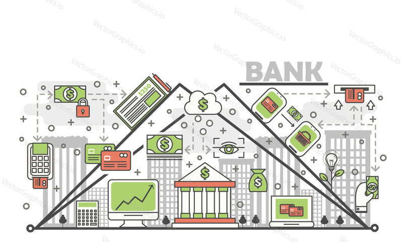 Bank concept vector illustration. Modern thin line art flat style design element with banking symbols, icons for website banners and printed materials.