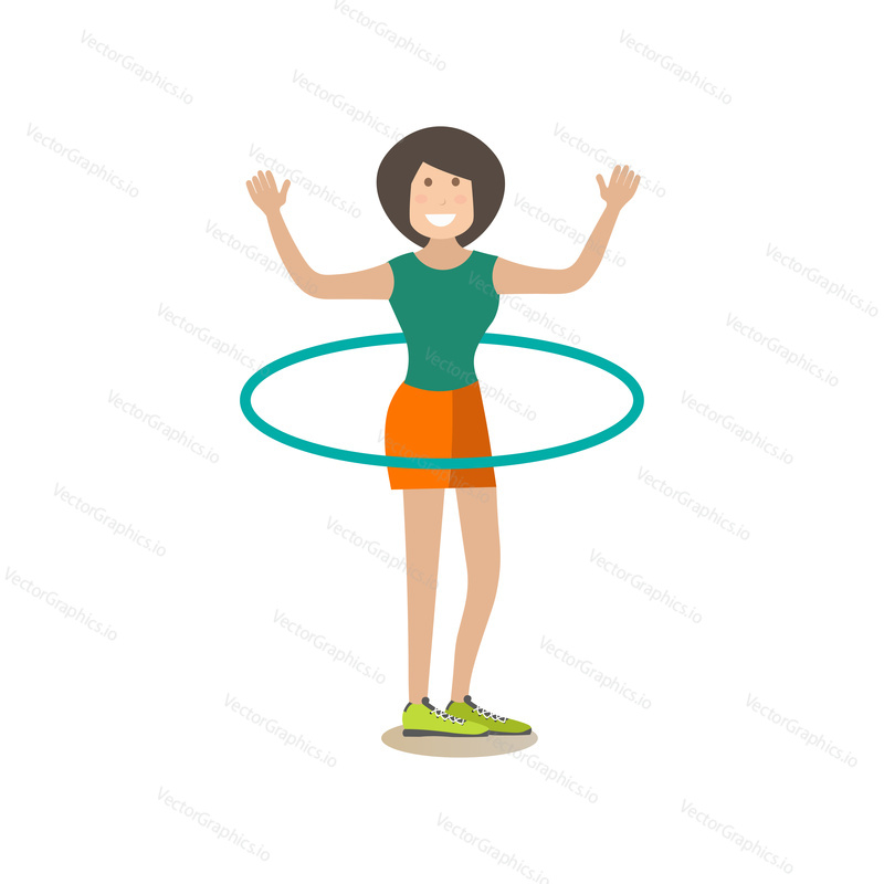 Vector illustration of beautiful slim woman doing hula hoop exercises. Training outside people concept flat style design element, icon isolated on white background.
