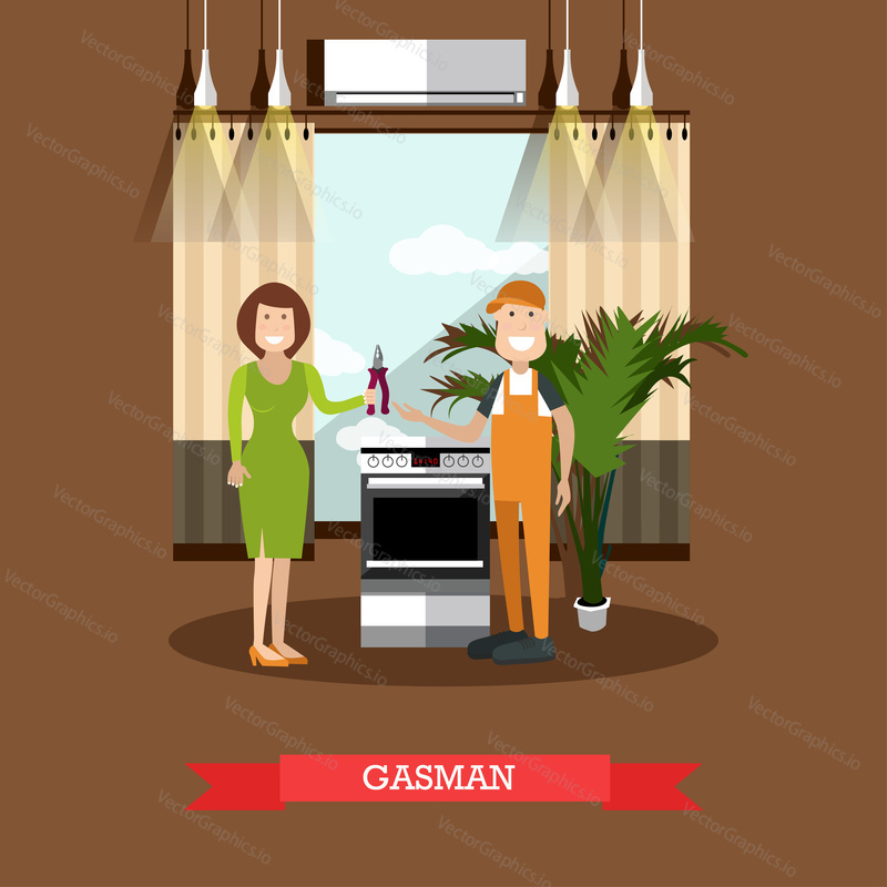 Vector illustration of woman giving pliers to worker standing next to stove in kitchen. Gasman concept flat style design.
