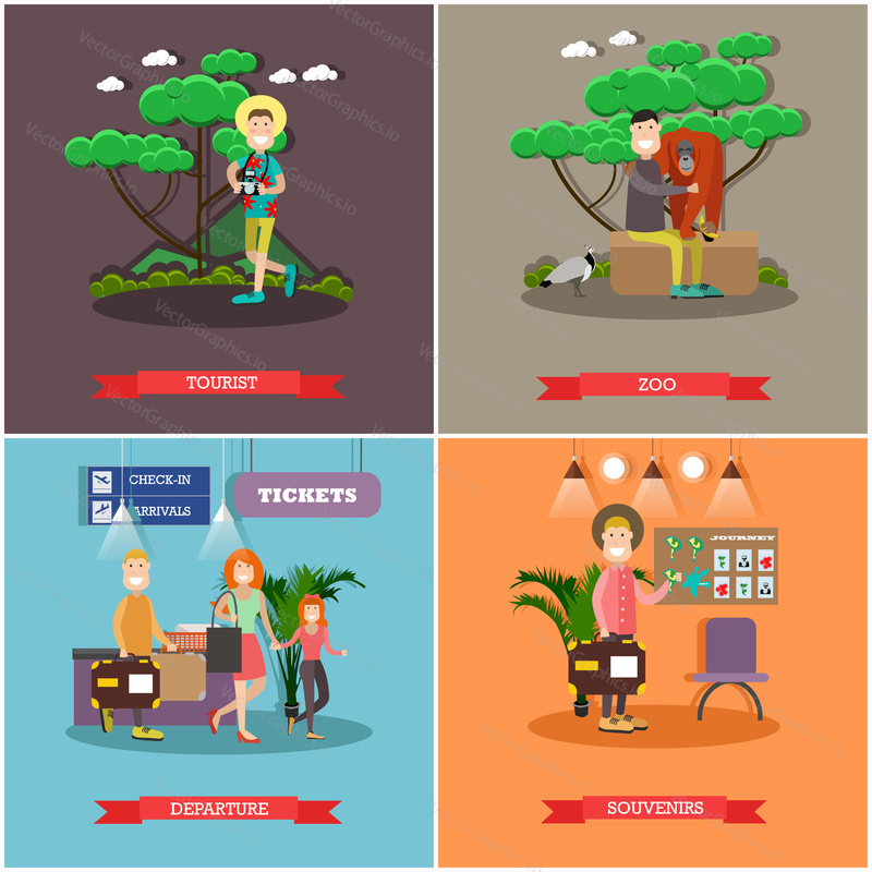 Vector set of tourist posters, banners. Tourist, Zoo, Departure and Souvenirs concept flat style design elements.