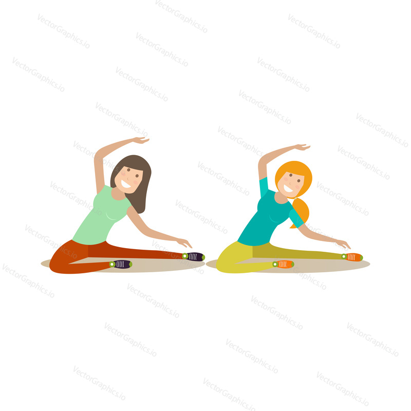 Vector illustration of beautiful women exercising. Yoga class. Training outside people concept flat style design element, icon isolated on white background.