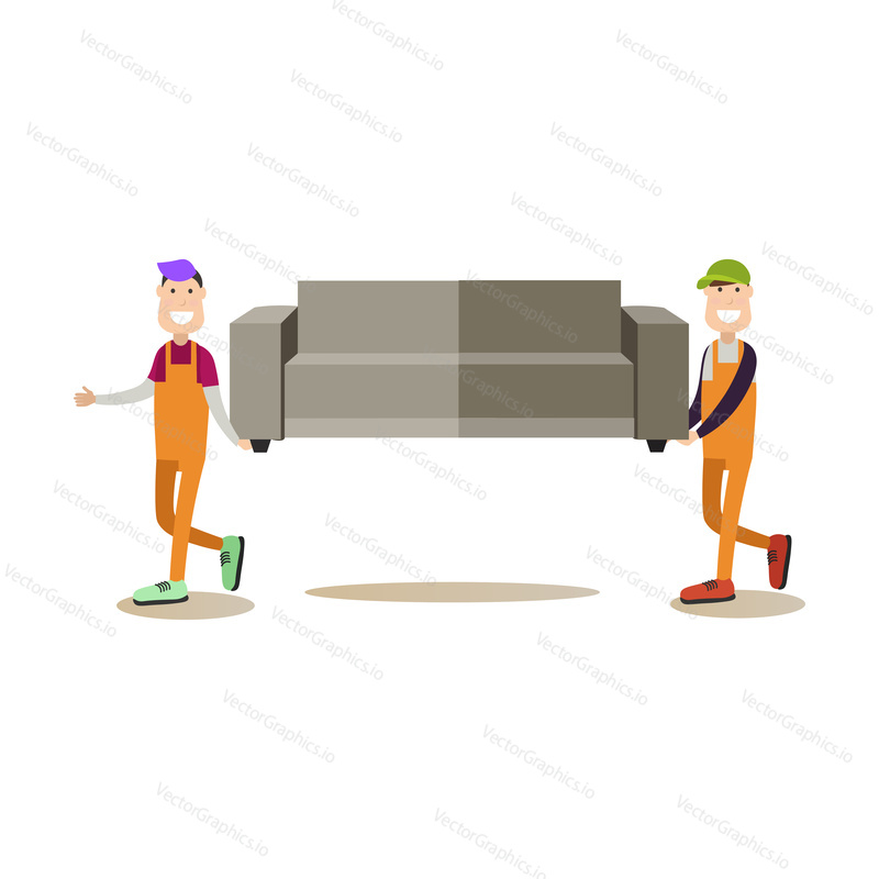 Vector illustration of loaders carrying sofa. Moving company services. Professional workers flat style design element, icon isolated on white background.