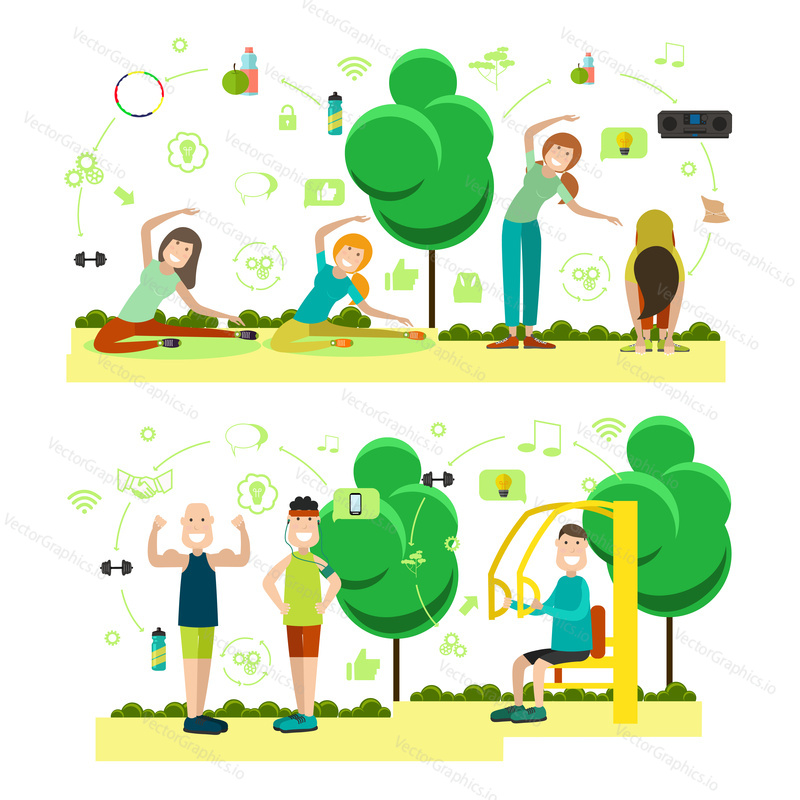 Vector illustration of beautiful women exercising, strong and muscular men doing sports. Training outside people symbols, icons isolated on white background. Flat style design.