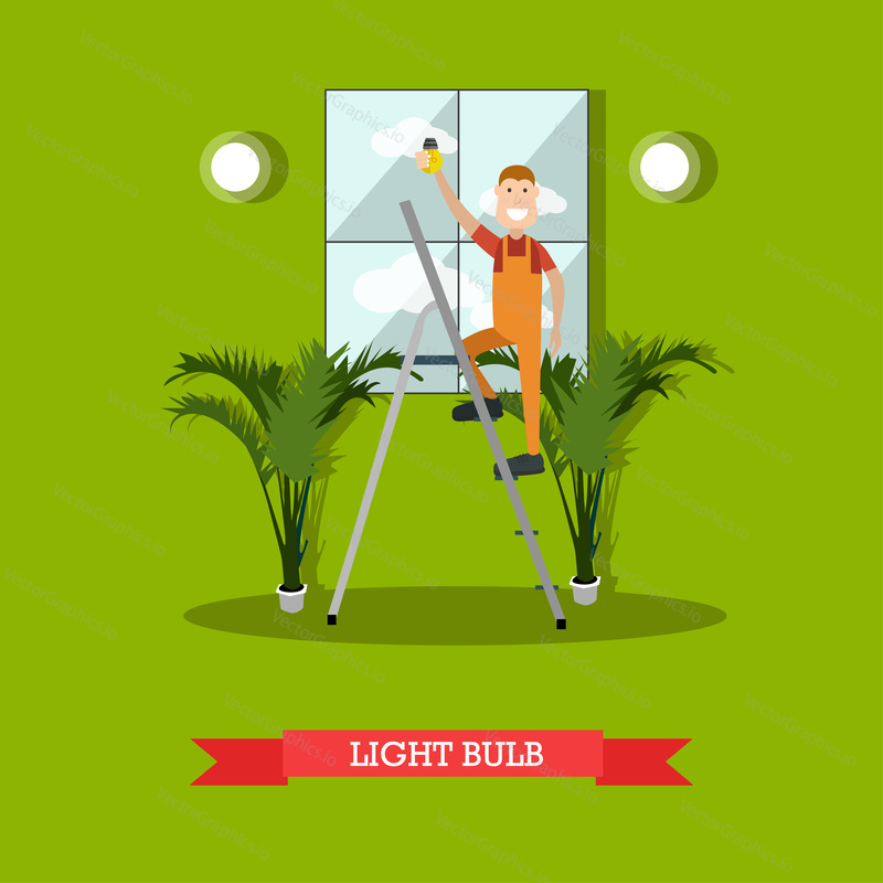 Vector illustration of smiling worker standing on ladder and fitting light bulb into a socket. Electrician flat style design element.