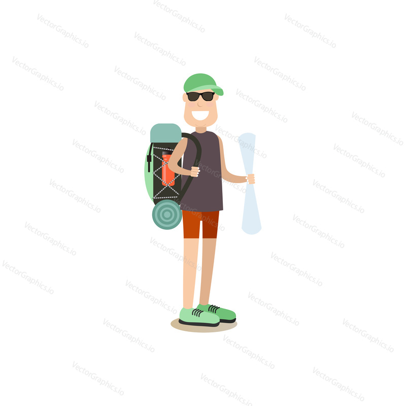 Vector illustration of traveler male or tour guide with backpack and map. Tourist people concept flat style design element, icon isolated on white background.