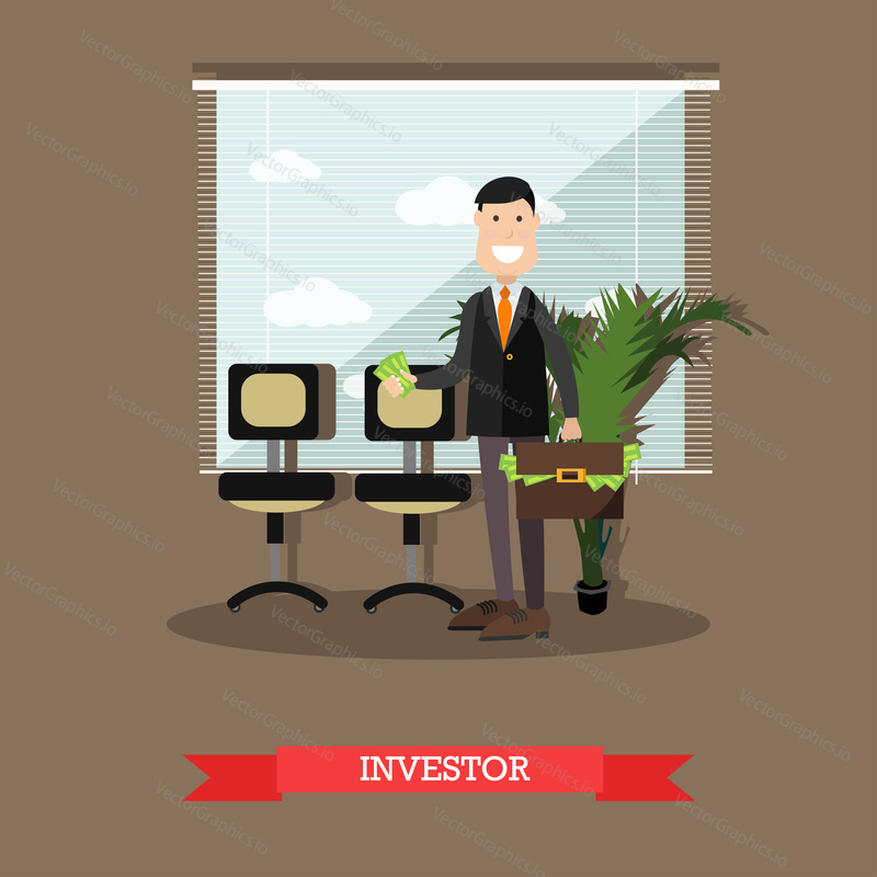 Vector illustration of confident businessman holding money in one hand and briefcase full of money in another hand. Investor flat style design element.