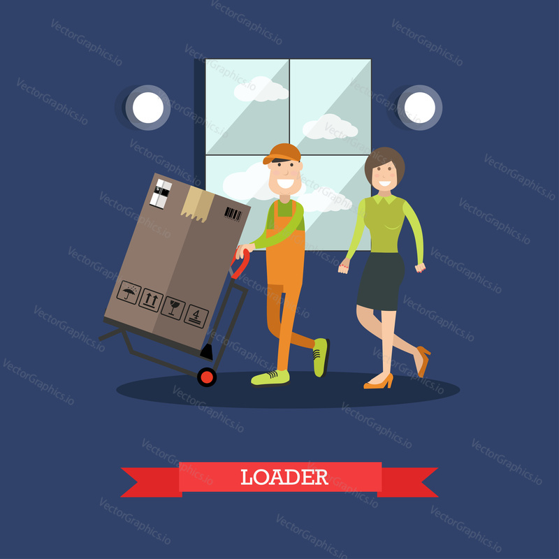 Vector illustration of porter pushing cart with fridge in carton box. Moving and delivery company services. Loader concept flat style design element.