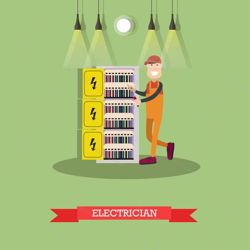 Vector illustration of professional electrician installing, maintaining or repairing electrical power, lighting system. Flat style design element.