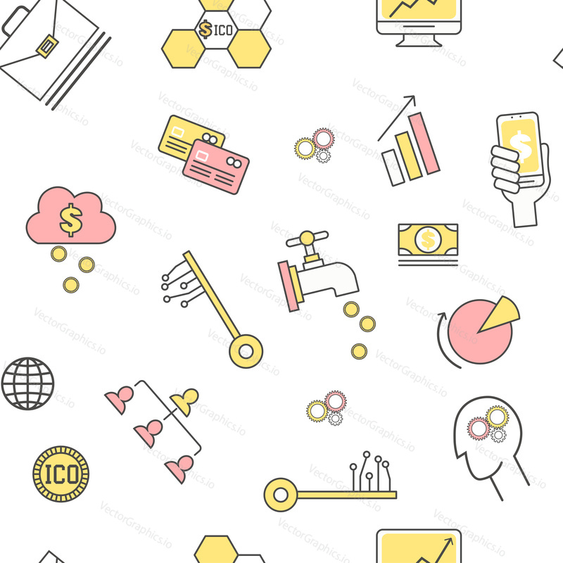ICO or initial coin offering seamless pattern. Vector modern thin line flat design.
