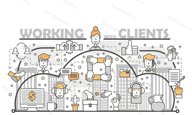 Working with clients concept vector illustration. Modern thin line art flat style design element with client support symbols, icons for website banners and printed materials.