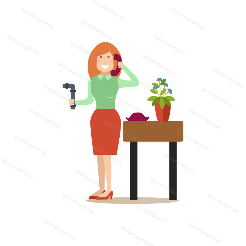 Vector illustration of woman holding broken pipe and calling to emergency service. Flat style design element, icon isolated on white background.