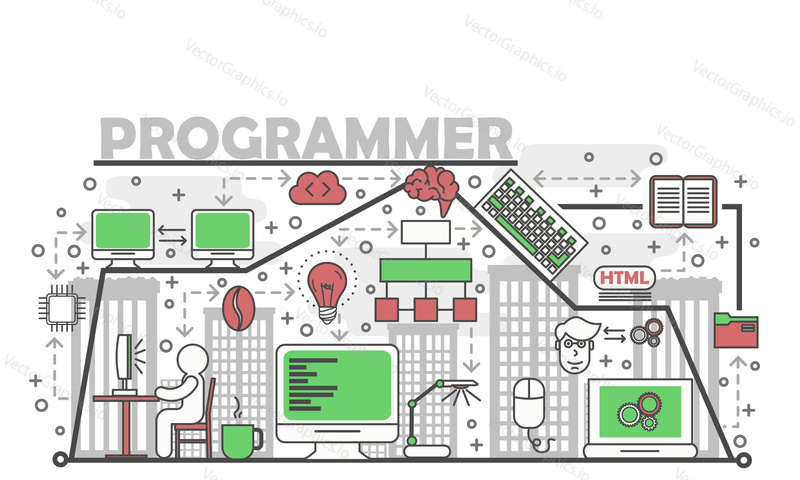 Programmer concept vector illustration. Modern thin line art flat style design element with program coding, computer programming symbols, icons for website banners and printed materials.