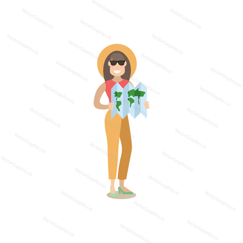 Vector illustration of traveler female with tourist card. Tourist people concept flat style design element, icon isolated on white background.