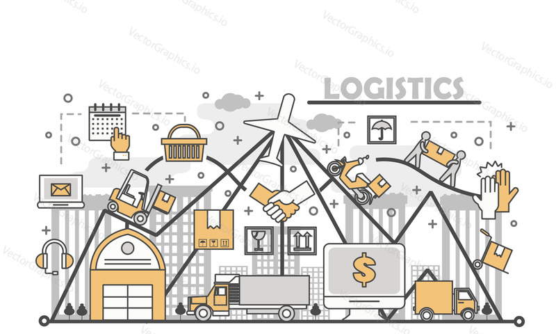 Logistics concept vector illustration. Modern thin line flat design element with distribution, logistics delivery symbols for web, marketing, presentation and print.